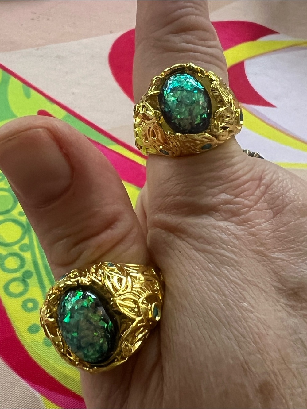 TWO Gold-Tone Rings with Green Opal-Effect Stone sizes 8 AND 9!